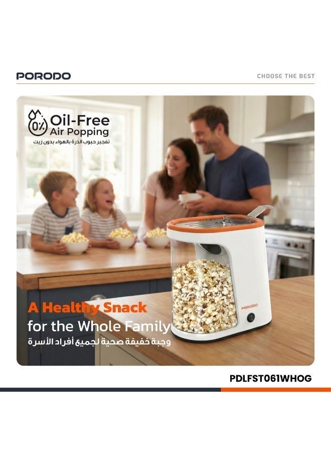 porodo Popcorn Maker with Detachable Tank / Oil-Free Popcorn Machine / 1200W Power / Healthier Snack / Hot Air Popper Maker Machine / 60g Corn Kernel Capacity - White and Orange - Image 4